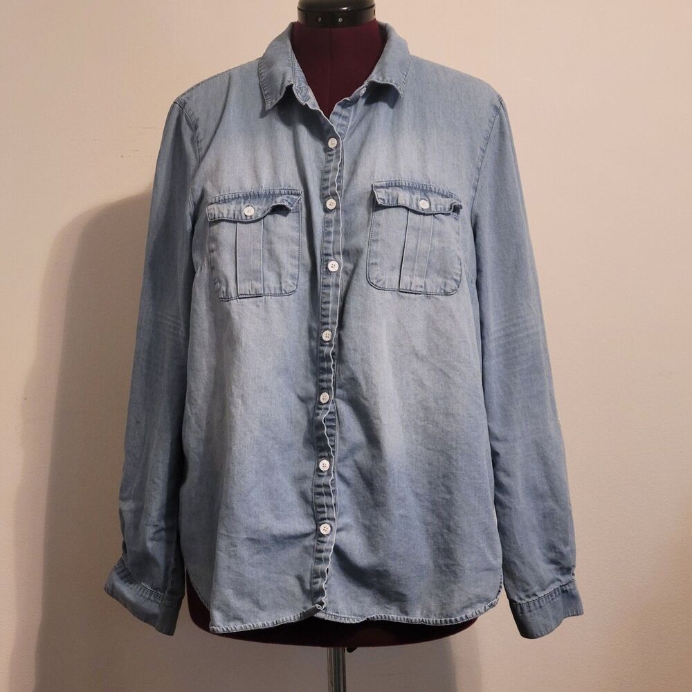 Charlotte Russe Plus 2X Chambray Shirt Blue Cotton Button Down Roll Tab Sleeve